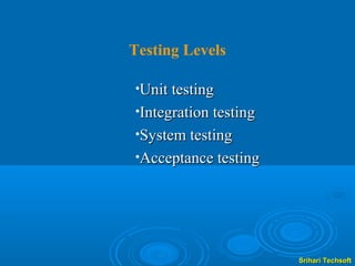 Testing Levels

•Unit testing
•Integration testing
•System testing
•Acceptance testing




                       Srihari Techsoft
 