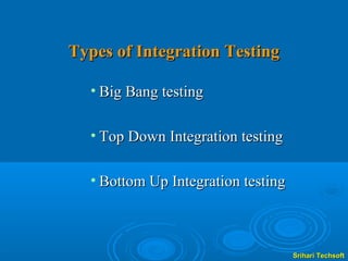 Types of Integration Testing

  • Big Bang testing

  • Top Down Integration testing

  • Bottom Up Integration testing



                                    Srihari Techsoft
 