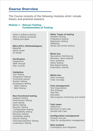 Course Overview

The Course consists of the following modules which include
theory and practical sessions

Module 1 - Manual Testing
           Fundamentals of Testing


   What is software testing       ·Other Types of testing
   Why is testing necessary        Mutation testing
   Testing principles              Progressive testing
                                   Regression testing
                                   ReTesting
  ·SDLC,STLC (Methodologies)       Sanity and smoke testing
   Waterfall
   Spiral model
   VV Model
                                  ·Black box
                                   Equivalence Partitioning
  ·Verification                    Boundary value analysis
   Inspections                     Error guessing
   Walk through                    Adhoc testing
   Peer reviews                    Risk Based testing
                                   Exploratory testing

  ·Validation
   Unit Testing                   ·White box
   Integration Testing             Data coverage
   Functional testing              Code coverage
   System Testing
   Acceptance Testing
    Alpha Testing                 ·Test management
    Beta Testing                   Test Organization
                                   Test Strategy
                                   Test Plan
                                   Estimates
  ·Non-Functional testing
                                   Test progress monitoring and control
   Usability testing
   Performance Testing
   Load testing
   Stress Testing                 ·Test cases
   Security Testing                Objectives
    Configuration testing          Structure of test case
   Compatibility testing           Sample test Case
   Recovery testing
   Availability testing           ·Configuration management
   Volume Testing                  Purpose and use
   Internationalization Testing    Tools for configuration management
   Localization Testing
                                  ·Risk analysis
                                   Contingency and mitigation
 