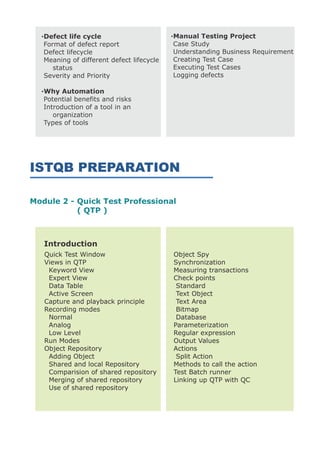 ·Defect life cycle                       ·Manual Testing Project
   Format of defect report                  Case Study
   Defect lifecycle                         Understanding Business Requirement
   Meaning of different defect lifecycle    Creating Test Case
      status                                Executing Test Cases
   Severity and Priority                    Logging defects

  ·Why Automation
   Potential benefits and risks
   Introduction of a tool in an
      organization
   Types of tools




ISTQB PREPARATION

Module 2 - Quick Test Professional
           ( QTP )



   Introduction
   Quick Test Window                       Object Spy
   Views in QTP                            Synchronization
    Keyword View                           Measuring transactions
    Expert View                            Check points
    Data Table                              Standard
    Active Screen                           Text Object
   Capture and playback principle           Text Area
   Recording modes                          Bitmap
    Normal                                  Database
    Analog                                 Parameterization
    Low Level                              Regular expression
   Run Modes                               Output Values
   Object Repository                       Actions
    Adding Object                           Split Action
    Shared and local Repository            Methods to call the action
    Comparision of shared repository       Test Batch runner
    Merging of shared repository           Linking up QTP with QC
    Use of shared repository
 