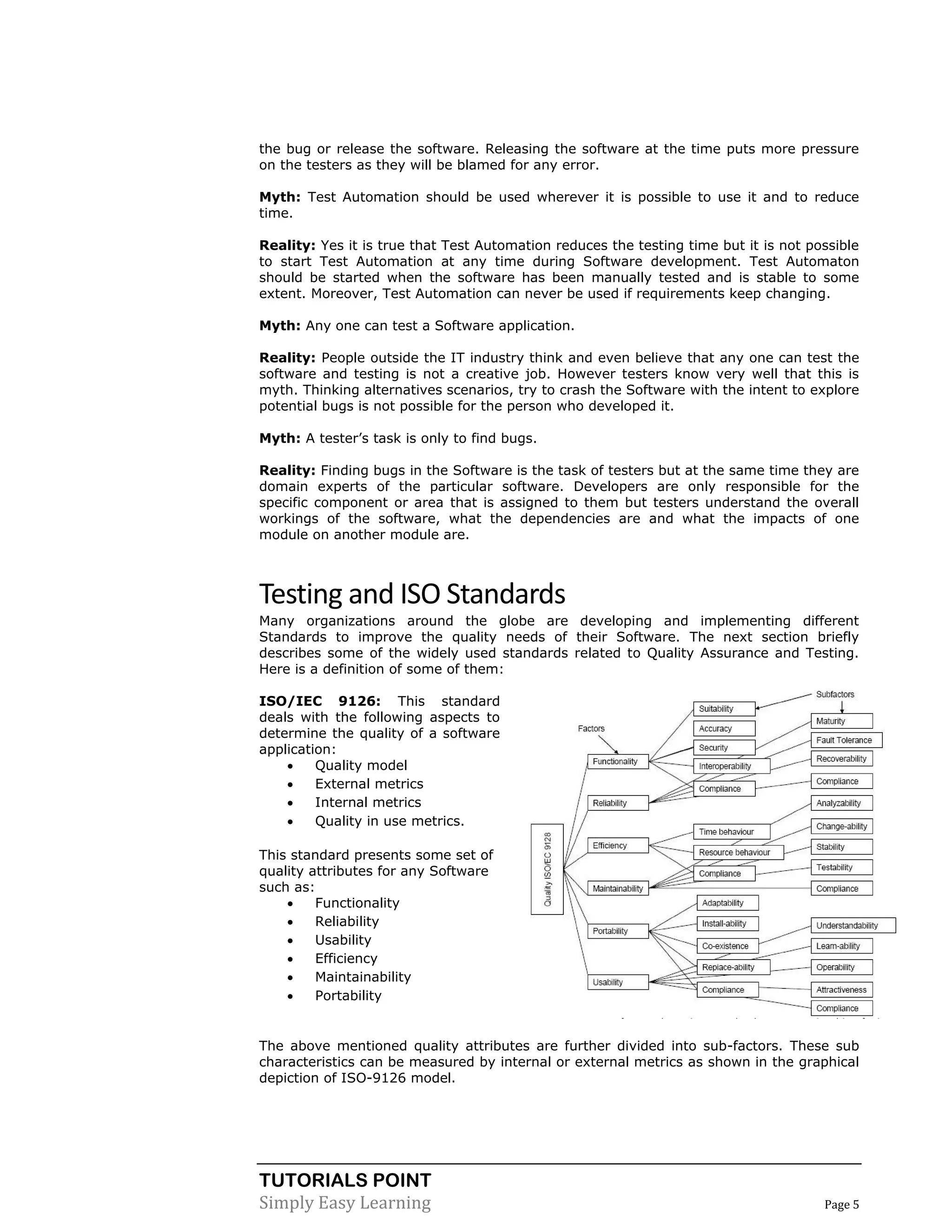TUTORIALS POINT
Simply Easy Learning Page 5
the bug or release the software. Releasing the software at the time puts more pressure
on the testers as they will be blamed for any error.
Myth: Test Automation should be used wherever it is possible to use it and to reduce
time.
Reality: Yes it is true that Test Automation reduces the testing time but it is not possible
to start Test Automation at any time during Software development. Test Automaton
should be started when the software has been manually tested and is stable to some
extent. Moreover, Test Automation can never be used if requirements keep changing.
Myth: Any one can test a Software application.
Reality: People outside the IT industry think and even believe that any one can test the
software and testing is not a creative job. However testers know very well that this is
myth. Thinking alternatives scenarios, try to crash the Software with the intent to explore
potential bugs is not possible for the person who developed it.
Myth: A tester’s task is only to find bugs.
Reality: Finding bugs in the Software is the task of testers but at the same time they are
domain experts of the particular software. Developers are only responsible for the
specific component or area that is assigned to them but testers understand the overall
workings of the software, what the dependencies are and what the impacts of one
module on another module are.
Testing and ISO Standards
Many organizations around the globe are developing and implementing different
Standards to improve the quality needs of their Software. The next section briefly
describes some of the widely used standards related to Quality Assurance and Testing.
Here is a definition of some of them:
ISO/IEC 9126: This standard
deals with the following aspects to
determine the quality of a software
application:
 Quality model
 External metrics
 Internal metrics
 Quality in use metrics.
This standard presents some set of
quality attributes for any Software
such as:
 Functionality
 Reliability
 Usability
 Efficiency
 Maintainability
 Portability
The above mentioned quality attributes are further divided into sub-factors. These sub
characteristics can be measured by internal or external metrics as shown in the graphical
depiction of ISO-9126 model.
 