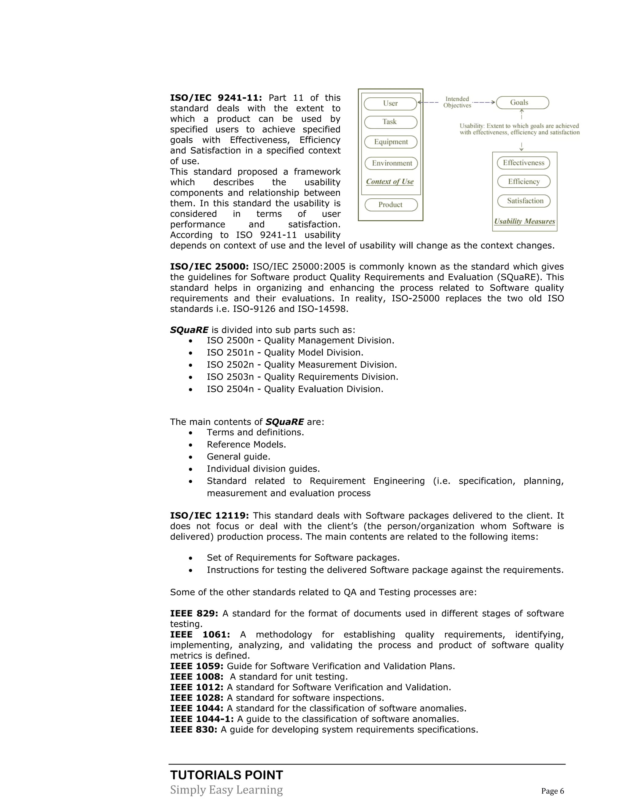 TUTORIALS POINT
Simply Easy Learning Page 6
ISO/IEC 9241-11: Part 11 of this
standard deals with the extent to
which a product can be used by
specified users to achieve specified
goals with Effectiveness, Efficiency
and Satisfaction in a specified context
of use.
This standard proposed a framework
which describes the usability
components and relationship between
them. In this standard the usability is
considered in terms of user
performance and satisfaction.
According to ISO 9241-11 usability
depends on context of use and the level of usability will change as the context changes.
ISO/IEC 25000: ISO/IEC 25000:2005 is commonly known as the standard which gives
the guidelines for Software product Quality Requirements and Evaluation (SQuaRE). This
standard helps in organizing and enhancing the process related to Software quality
requirements and their evaluations. In reality, ISO-25000 replaces the two old ISO
standards i.e. ISO-9126 and ISO-14598.
SQuaRE is divided into sub parts such as:
 ISO 2500n - Quality Management Division.
 ISO 2501n - Quality Model Division.
 ISO 2502n - Quality Measurement Division.
 ISO 2503n - Quality Requirements Division.
 ISO 2504n - Quality Evaluation Division.
The main contents of SQuaRE are:
 Terms and definitions.
 Reference Models.
 General guide.
 Individual division guides.
 Standard related to Requirement Engineering (i.e. specification, planning,
measurement and evaluation process
ISO/IEC 12119: This standard deals with Software packages delivered to the client. It
does not focus or deal with the client’s (the person/organization whom Software is
delivered) production process. The main contents are related to the following items:
 Set of Requirements for Software packages.
 Instructions for testing the delivered Software package against the requirements.
Some of the other standards related to QA and Testing processes are:
IEEE 829: A standard for the format of documents used in different stages of software
testing.
IEEE 1061: A methodology for establishing quality requirements, identifying,
implementing, analyzing, and validating the process and product of software quality
metrics is defined.
IEEE 1059: Guide for Software Verification and Validation Plans.
IEEE 1008: A standard for unit testing.
IEEE 1012: A standard for Software Verification and Validation.
IEEE 1028: A standard for software inspections.
IEEE 1044: A standard for the classification of software anomalies.
IEEE 1044-1: A guide to the classification of software anomalies.
IEEE 830: A guide for developing system requirements specifications.
 