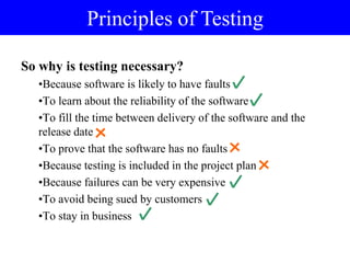 So why is testing necessary?
•Because software is likely to have faults
•To learn about the reliability of the software
•To fill the time between delivery of the software and the
release date
•To prove that the software has no faults
•Because testing is included in the project plan
•Because failures can be very expensive
•To avoid being sued by customers
•To stay in business
Principles of Testing
 