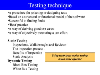 Testing technique
•A procedure for selecting or designing tests
•Based on a structural or functional model of the software
•Successful at finding faults
•„Best' practice
•A way of deriving good test cases
•A way of objectively measuring a test effort
Static Testing
Inspections, Walkthroughs and Reviews
The inspection process
Benefits of Inspection
Static Analysis
Dynamic Testing
Black Box Testing
White Box Testing
Using techniques makes testing
much more effective
 