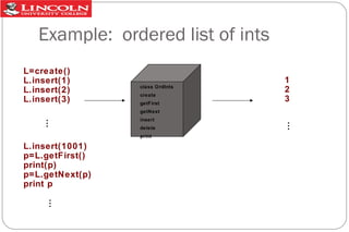 Example: ordered list of ints
L=create()
L.insert(1)
L.insert(2)
L.insert(3)

class OrdInts
create
getFirst

1
2
3

insert
delete
print

…

L.insert(1001)
p=L.getFirst()
print(p)
p=L.getNext(p)
print p

…

…

getNext

 