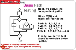 White-Box Testing

Basis Path
Next, we derive the
Testing independent paths:

1

Since V(G) = 4,
there are four paths

2

3
4
5

7

8

6

Path 1:
Path 2:
Path 3:
Path 4:

1,2,4,7,8
1,2,3,5,7,8
1,2,3,6,7,8
1,2,4,7,2,4,...7,8

Finally, we derive test
cases to exercise these
paths.

A number of industry studies have indicated
that the higher V(G), the higher the probability
23
or errors.

 