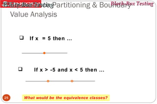 White-Box Testing
Equivalence Partitioning

Black-Box
& Boundary Testing

Value Analysis




25

If x = 5 then …

If x > -5 and x < 5 then …

What would be the equivalence classes?

 