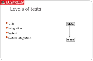 Levels of tests
Unit

white

Integration
System
System integration

black

 