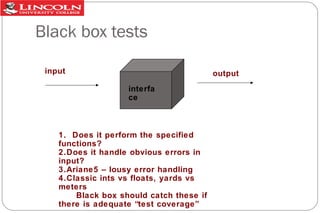 Black box tests
input

output
interfa
ce

1. Does it perform the specified
functions?
2.Does it handle obvious errors in
input?
3.Ariane5 – lousy error handling
4.Classic ints vs floats, yards vs
meters
Black box should catch these if
there is adequate “test coverage”

 