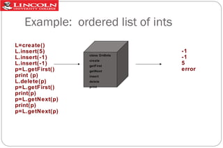 Example: ordered list of ints
L=create()
L.insert(5)
L.insert(-1)
L.insert(-1)
p=L.getFirst()
print (p)
L.delete(p)
p=L.getFirst()
print(p)
p=L.getNext(p)
print(p)
p=L.getNext(p)

class OrdInts
create
getFirst
getNext
insert
delete
print

-1
-1
5
error

 