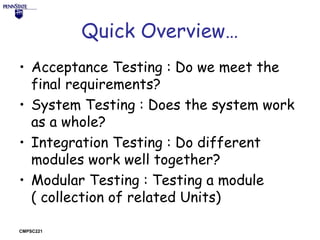 Quick Overview…
• Acceptance Testing : Do we meet the
final requirements?
• System Testing : Does the system work
as a whole?
• Integration Testing : Do different
modules work well together?
• Modular Testing : Testing a module
( collection of related Units)
CMPSC221

 