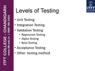 Levels of Testing
• Unit Testing
• Integration Testing
• Validation Testing
• Regression Testing
• Alpha Testing
• Beta Testing
• Acceptance Testing
• Other testing method
 