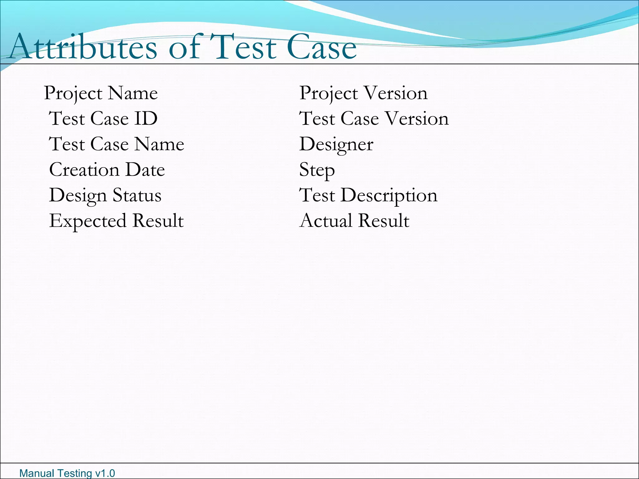 Manual Testing v1.0
Attributes of Test Case
Project Name Project Version
Test Case ID Test Case Version
Test Case Name Designer
Creation Date Step
Design Status Test Description
Expected Result Actual Result
 