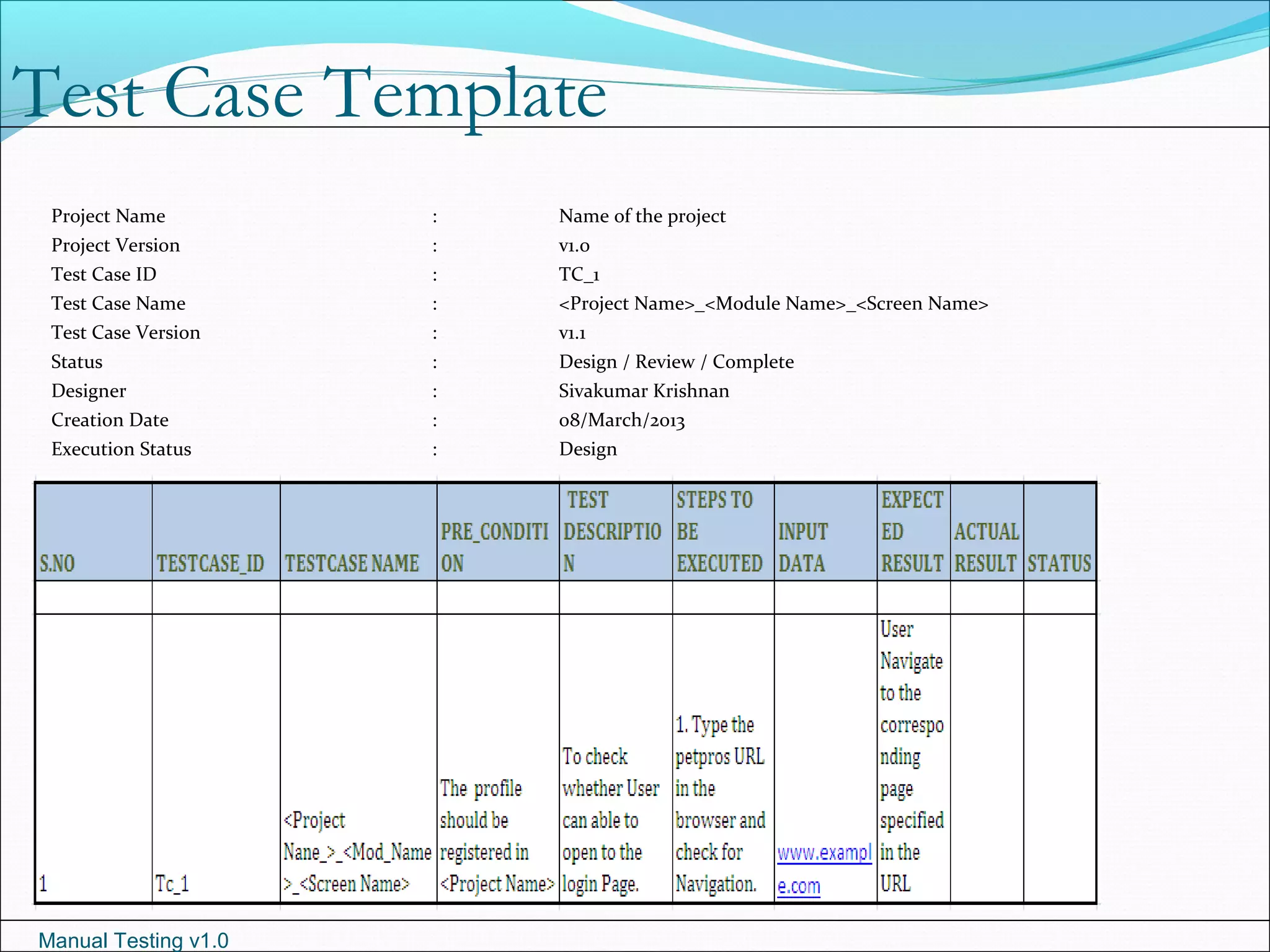Manual Testing v1.0
Test Case Template
Project Name : Name of the project
Project Version : v1.0
Test Case ID : TC_1
Test Case Name : <Project Name>_<Module Name>_<Screen Name>
Test Case Version : v1.1
Status : Design / Review / Complete
Designer : Sivakumar Krishnan
Creation Date : 08/March/2013
Execution Status : Design
 