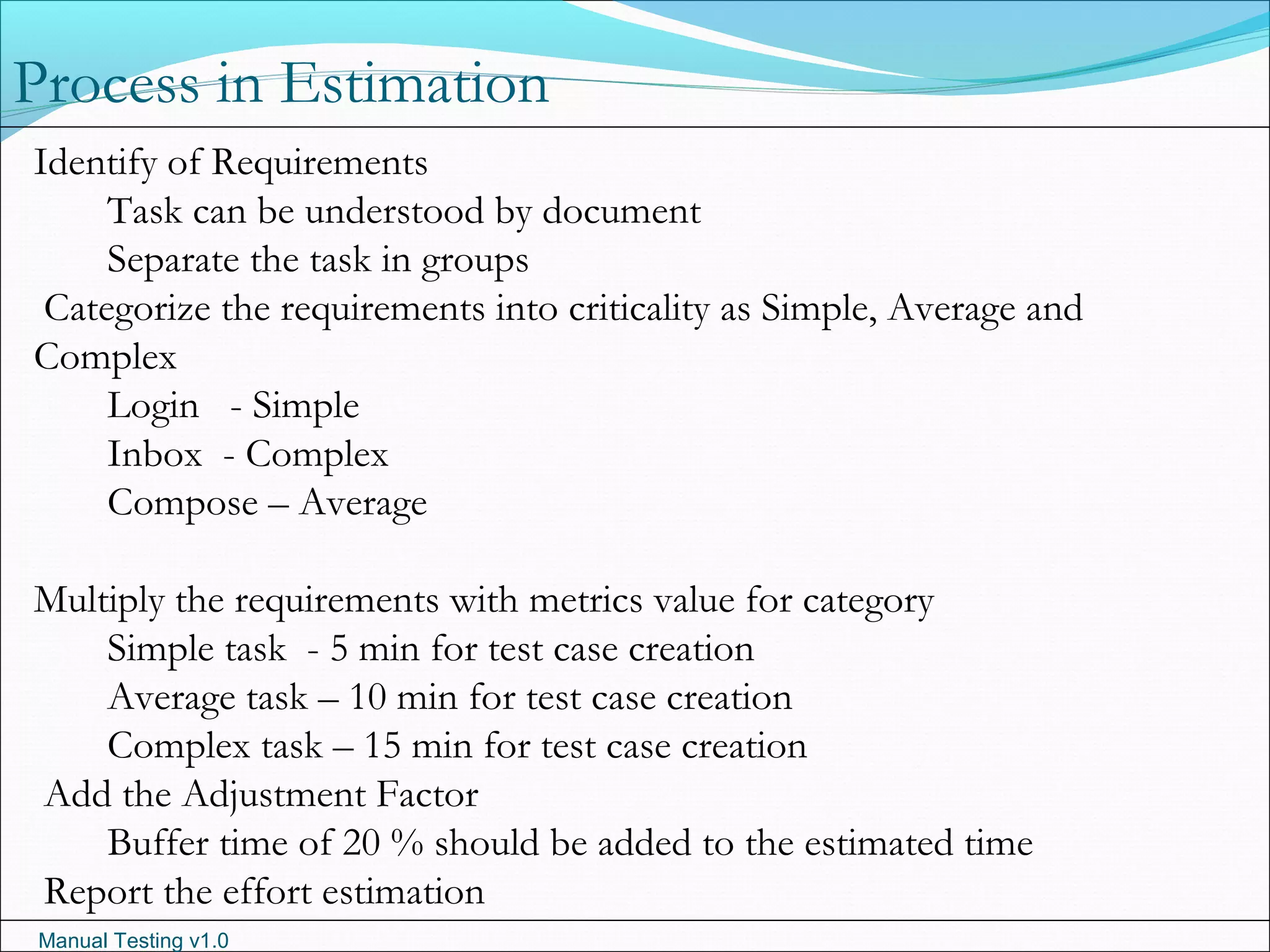 Manual Testing v1.0
Process in Estimation
Identify of Requirements
Task can be understood by document
Separate the task in groups
Categorize the requirements into criticality as Simple, Average and
Complex
Login - Simple
Inbox - Complex
Compose – Average
Multiply the requirements with metrics value for category
Simple task - 5 min for test case creation
Average task – 10 min for test case creation
Complex task – 15 min for test case creation
Add the Adjustment Factor
Buffer time of 20 % should be added to the estimated time
Report the effort estimation
 