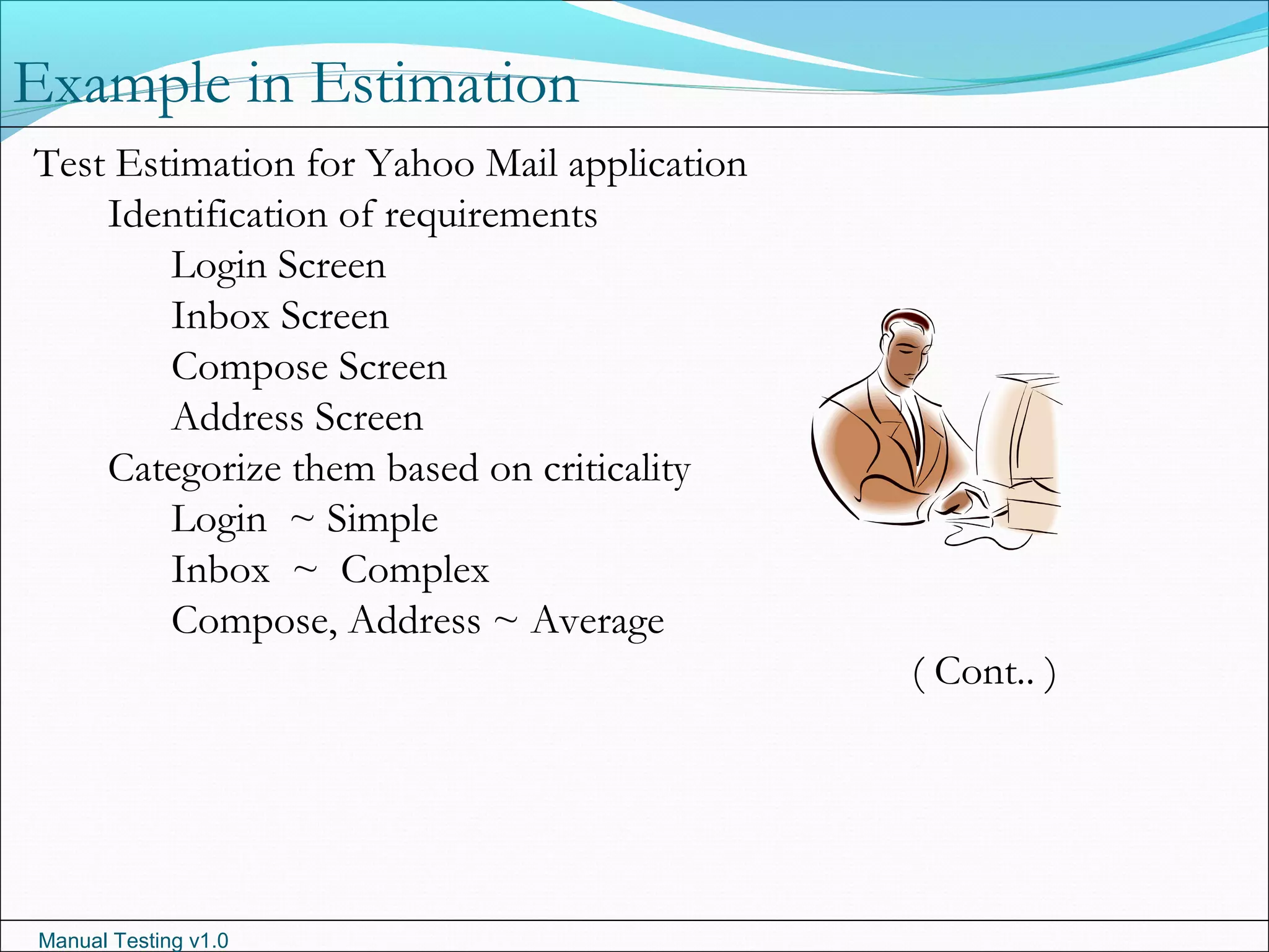 Manual Testing v1.0
Example in Estimation
Test Estimation for Yahoo Mail application
Identification of requirements
Login Screen
Inbox Screen
Compose Screen
Address Screen
Categorize them based on criticality
Login ~ Simple
Inbox ~ Complex
Compose, Address ~ Average
( Cont.. )
 