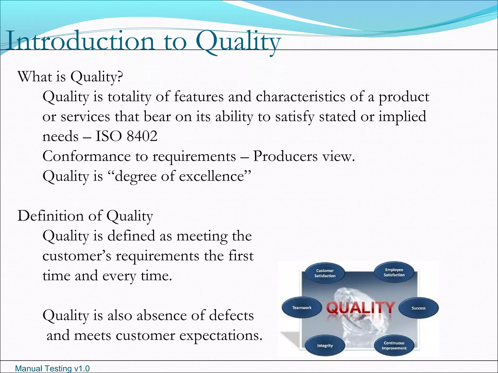 Manual Testing v1.0
Introduction to Quality
What is Quality?
Quality is totality of features and characteristics of a product
or services that bear on its ability to satisfy stated or implied
needs – ISO 8402
Conformance to requirements – Producers view.
Quality is “degree of excellence”
Definition of Quality
Quality is defined as meeting the
customer’s requirements the first
time and every time.
Quality is also absence of defects
and meets customer expectations.
 