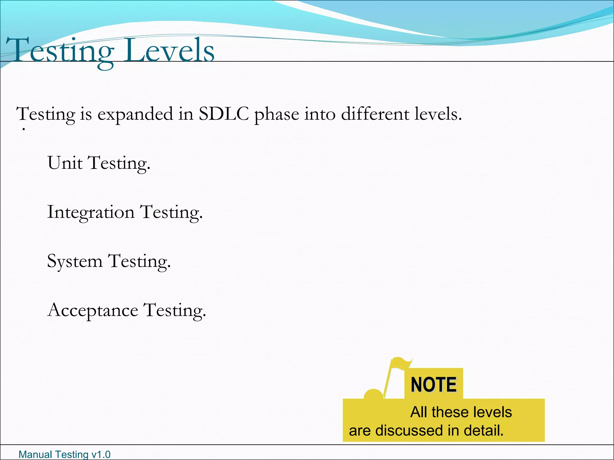Manual Testing v1.0
Testing Levels
.
Testing is expanded in SDLC phase into different levels.
Unit Testing.
Integration Testing.
System Testing.
Acceptance Testing.
NOTENOTE
All these levels
are discussed in detail.
 