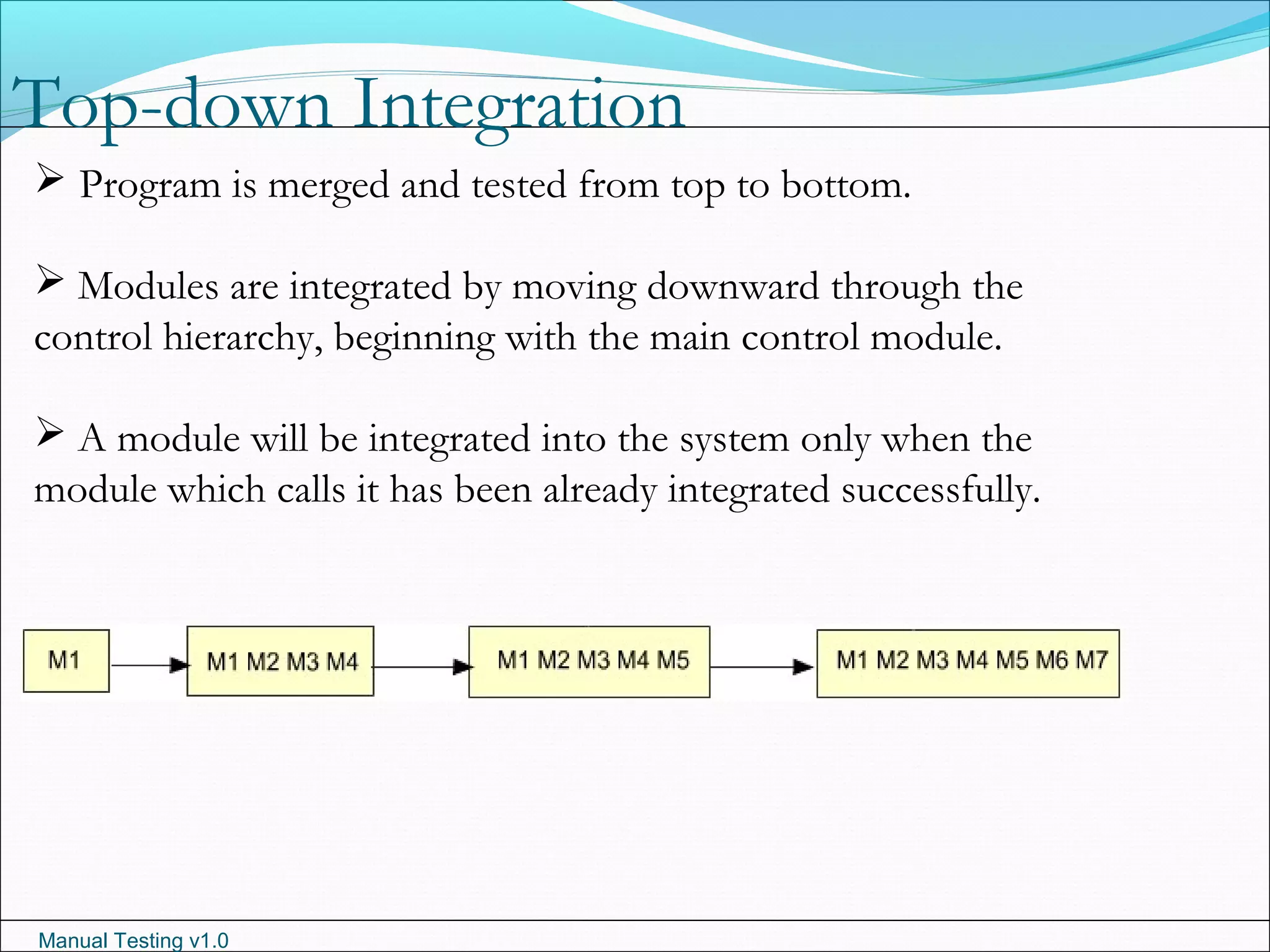 Manual Testing v1.0
Top-down Integration
 Program is merged and tested from top to bottom.
 Modules are integrated by moving downward through the
control hierarchy, beginning with the main control module.
 A module will be integrated into the system only when the
module which calls it has been already integrated successfully.
 