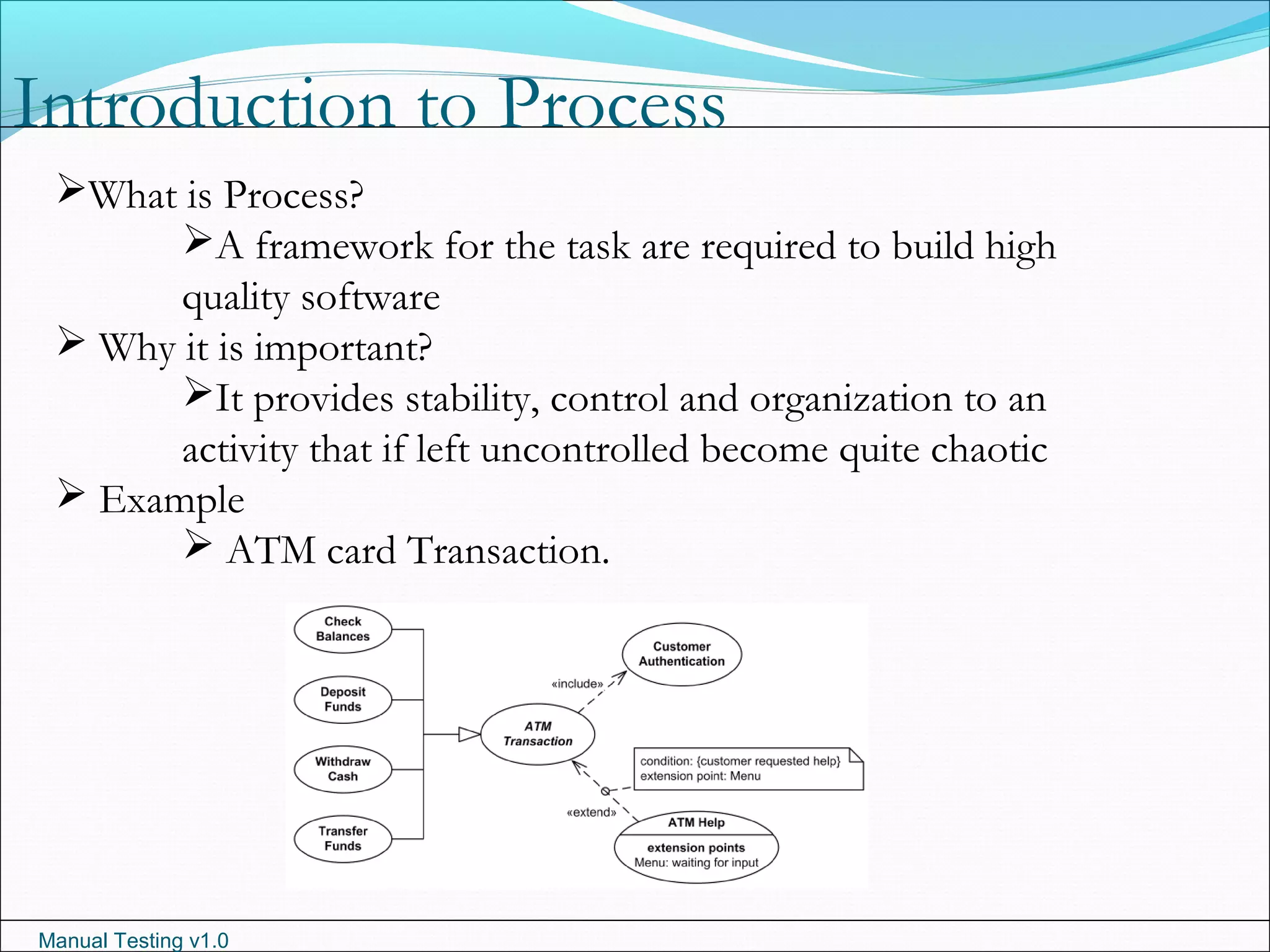 Manual Testing v1.0
Introduction to Process
What is Process?
A framework for the task are required to build high
quality software
 Why it is important?
It provides stability, control and organization to an
activity that if left uncontrolled become quite chaotic
 Example
 ATM card Transaction.
 
