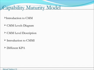 Manual Testing v1.0
Capability Maturity Model
Introduction to CMM
 CMM Levels Diagram
 CMM Level Description
 Introduction to CMMI
 Different KPA
 