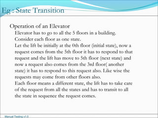 Manual Testing v1.0
Operation of an Elevator
Elevator has to go to all the 5 floors in a building.
Consider each floor as one state.
Let the lift be initially at the 0th floor (initial state), now a
request comes from the 5th floor it has to respond to that
request and the lift has move to 5th floor (next state) and
now a request also comes from the 3rd floor( another
state) it has to respond to this request also. Like wise the
requests may come from other floors also.
Each floor means a different state, the lift has to take care
of the request from all the states and has to transit to all
the state in sequence the request comes.
Eg : State Transition
 