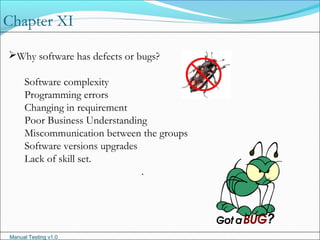 Manual Testing v1.0
Chapter XI
Why software has defects or bugs?
Software complexity
Programming errors
Changing in requirement
Poor Business Understanding
Miscommunication between the groups
Software versions upgrades
Lack of skill set.
.
 