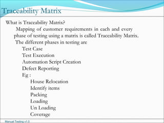 Manual Testing v1.0
Traceability Matrix
What is Traceability Matrix?
Mapping of customer requirements in each and every
phase of testing using a matrix is called Traceability Matrix.
The different phases in testing are
Test Case
Test Execution
Automation Script Creation
Defect Reporting
Eg :
House Relocation
Identify items
Packing
Loading
Un Loading
Coverage
 