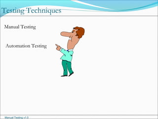 Manual Testing v1.0
Testing Techniques
Manual Testing
Automation Testing
 