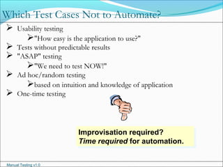 Manual Testing v1.0
Which Test Cases Not to Automate?
 Usability testing
"How easy is the application to use?"
 Tests without predictable results
 "ASAP" testing
"We need to test NOW!"
 Ad hoc/random testing
based on intuition and knowledge of application
 One-time testing
Improvisation required?
Time required for automation.
Improvisation required?
Time required for automation.
 