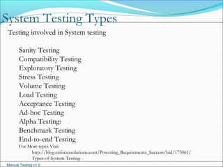 Manual Testing v1.0
System Testing Types
Testing involved in System testing
Sanity Testing
Compatibility Testing
Exploratory Testing
Stress Testing
Volume Testing
Load Testing
Acceptance Testing
Ad-hoc Testing
Alpha Testing:
Benchmark Testing
End-to-end Testing
For More types Visit
http://blog.enfocussolutions.com/Powering_Requirements_Success/bid/173061/
Types-of-System-Testing
 