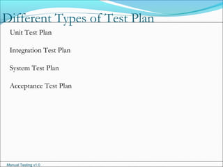 Manual Testing v1.0
Different Types of Test Plan
Unit Test Plan
Integration Test Plan
System Test Plan
Acceptance Test Plan
 