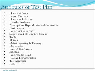 Manual Testing v1.0
 Document Scope
 Project Overview
 Document Reference
 Intended Audience
 Assumptions, Dependencies and Constraints
 Environment
 Feature not to be tested
 Suspension & Redemption Criteria
 Tools
 Metrics
 Defect Reporting & Tracking
 Deliverables
 Entry & Exit Criteria
 Schedule
 Feature to be tested
 Roles & Responsibilities
 Test Approach
 Risks
Attributes of Test Plan
 