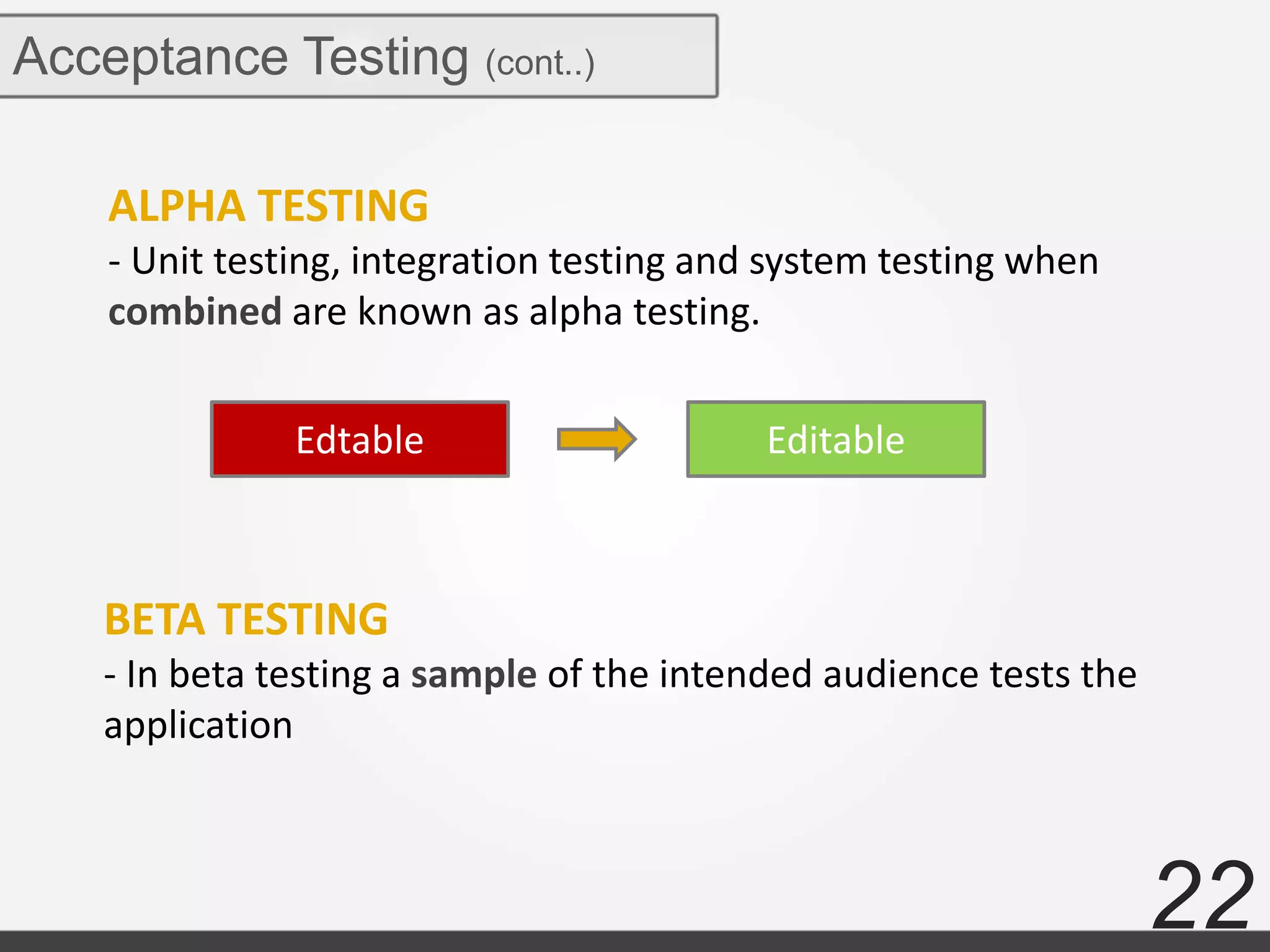 22
Acceptance Testing (cont..)
ALPHA TESTING
- Unit testing, integration testing and system testing when
combined are known as alpha testing.
BETA TESTING
- In beta testing a sample of the intended audience tests the
application
Edtable Editable
 