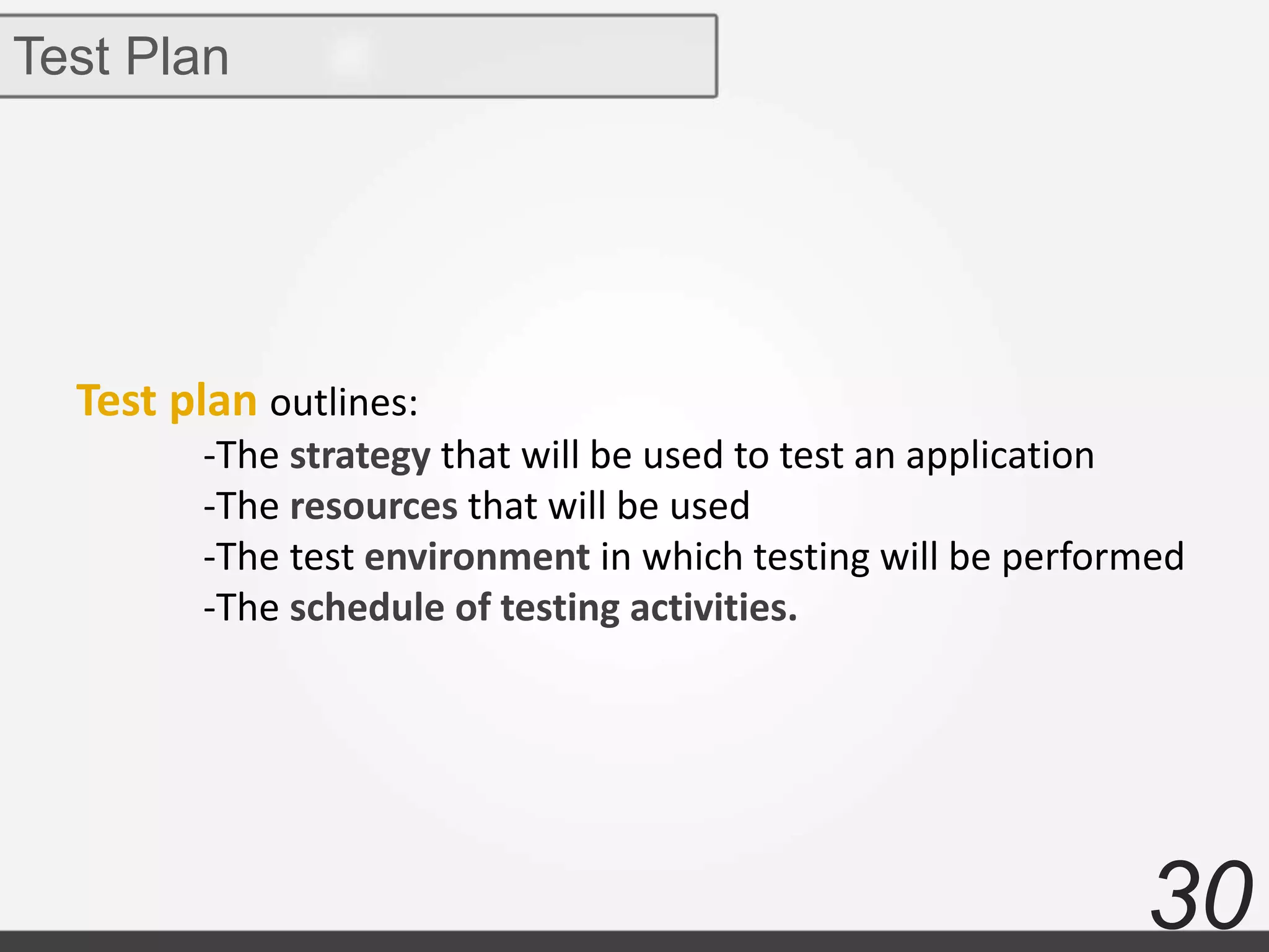 30
Test Plan
Test plan outlines:
-The strategy that will be used to test an application
-The resources that will be used
-The test environment in which testing will be performed
-The schedule of testing activities.
 