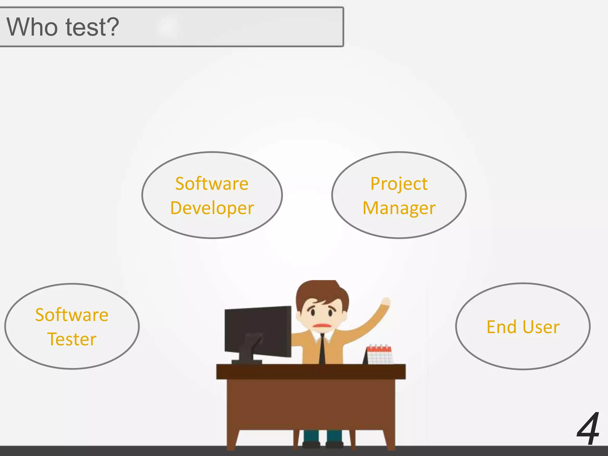 4
Who test?
Software
Tester
Software
Developer
Project
Manager
End User
 