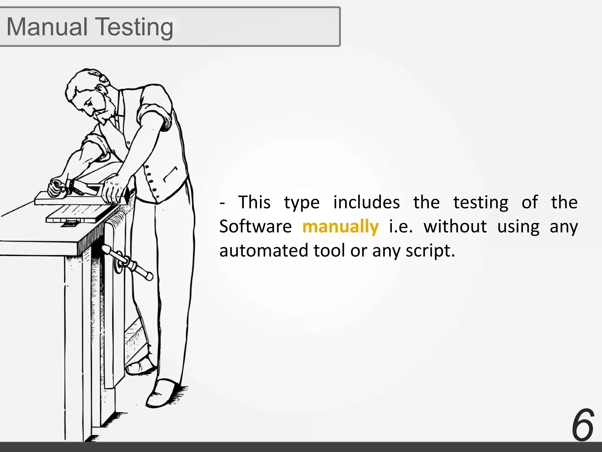 6
- This type includes the testing of the
Software manually i.e. without using any
automated tool or any script.
Manual Testing
 