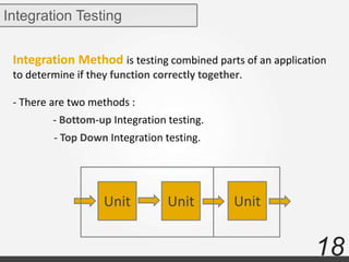 18
Integration Method is testing combined parts of an application
to determine if they function correctly together.
- There are two methods :
Integration Testing
Unit Unit Unit
- Bottom-up Integration testing.
- Top Down Integration testing.
 