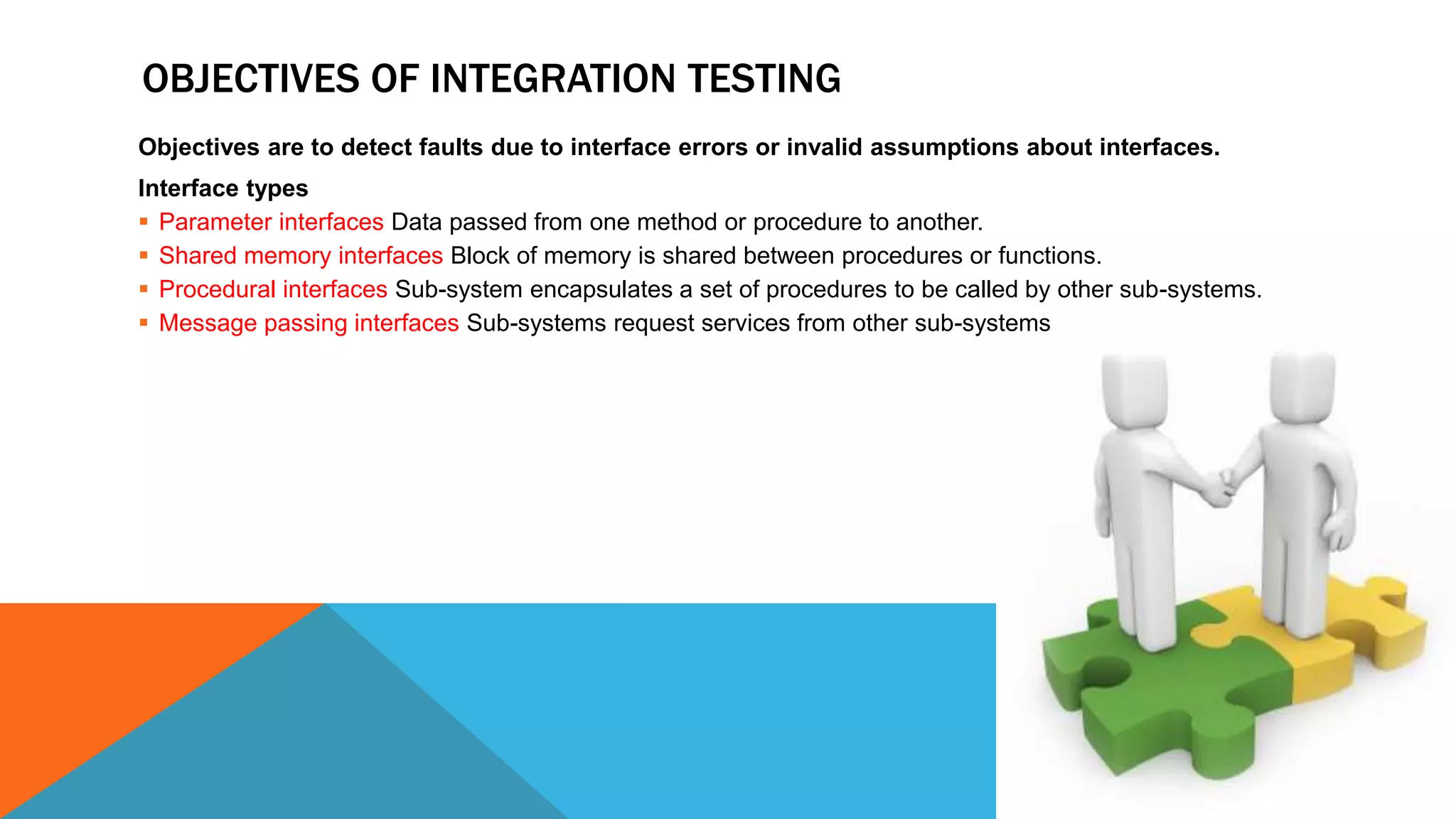 OBJECTIVES OF INTEGRATION TESTING
Objectives are to detect faults due to interface errors or invalid assumptions about interfaces.
Interface types
 Parameter interfaces Data passed from one method or procedure to another.
 Shared memory interfaces Block of memory is shared between procedures or functions.
 Procedural interfaces Sub-system encapsulates a set of procedures to be called by other sub-systems.
 Message passing interfaces Sub-systems request services from other sub-systems
 