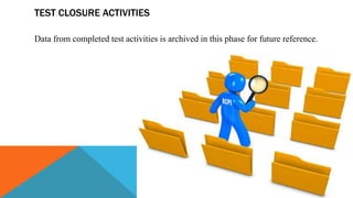 TEST CLOSURE ACTIVITIES
Data from completed test activities is archived in this phase for future reference.
 