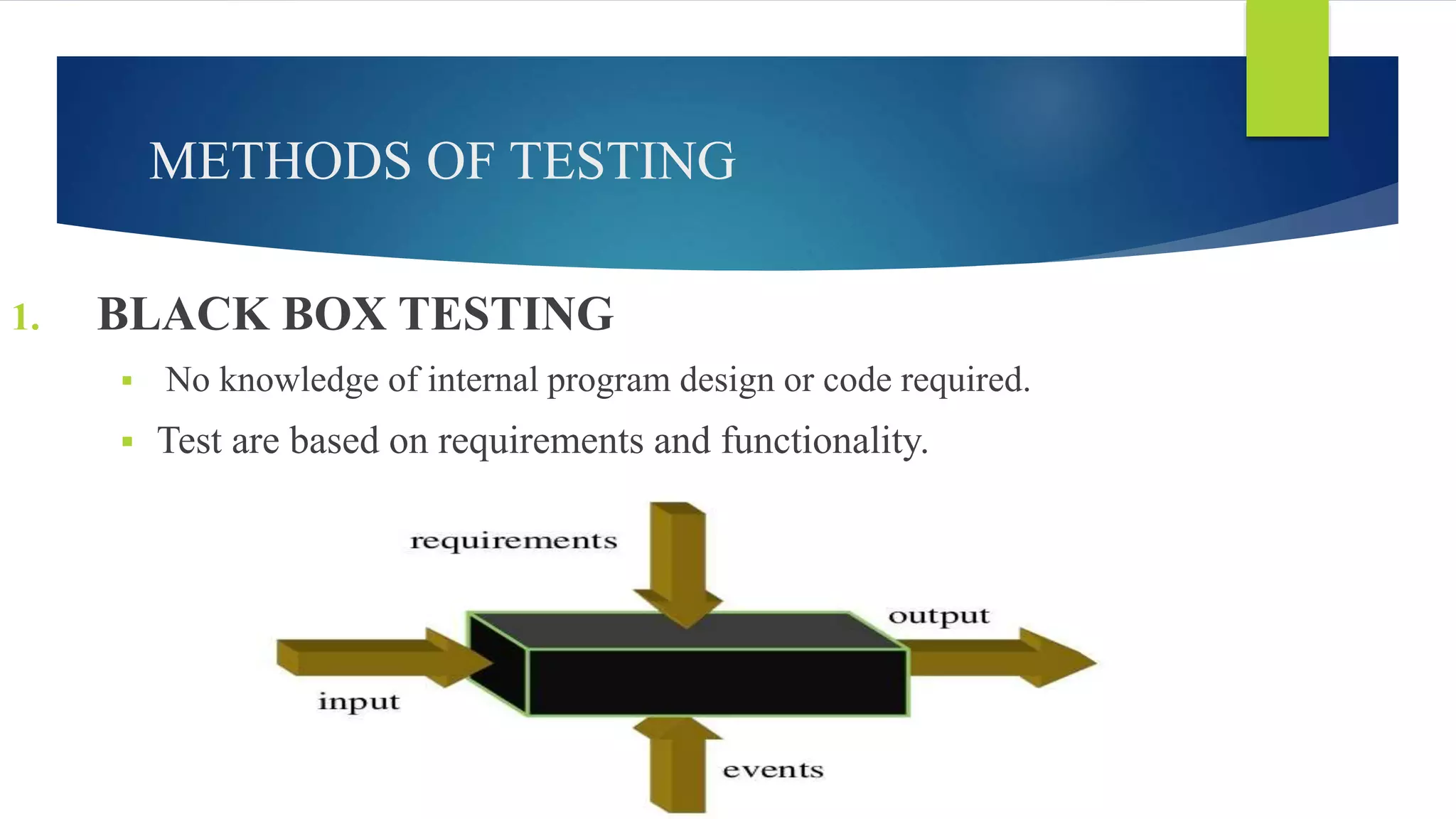 METHODS OF TESTING
1. BLACK BOX TESTING
 No knowledge of internal program design or code required.
 Test are based on requirements and functionality.
 