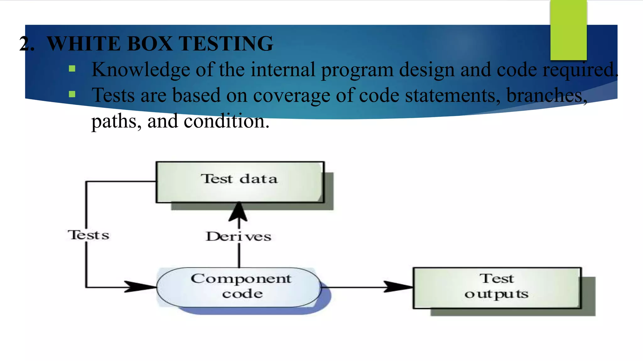 2. WHITE BOX TESTING
 Knowledge of the internal program design and code required.
 Tests are based on coverage of code statements, branches,
paths, and condition.
 