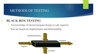 METHODS OF TESTING
1. BLACK BOX TESTING
 No knowledge of internal program design or code required.
 Test are based on requirements and functionality.
 