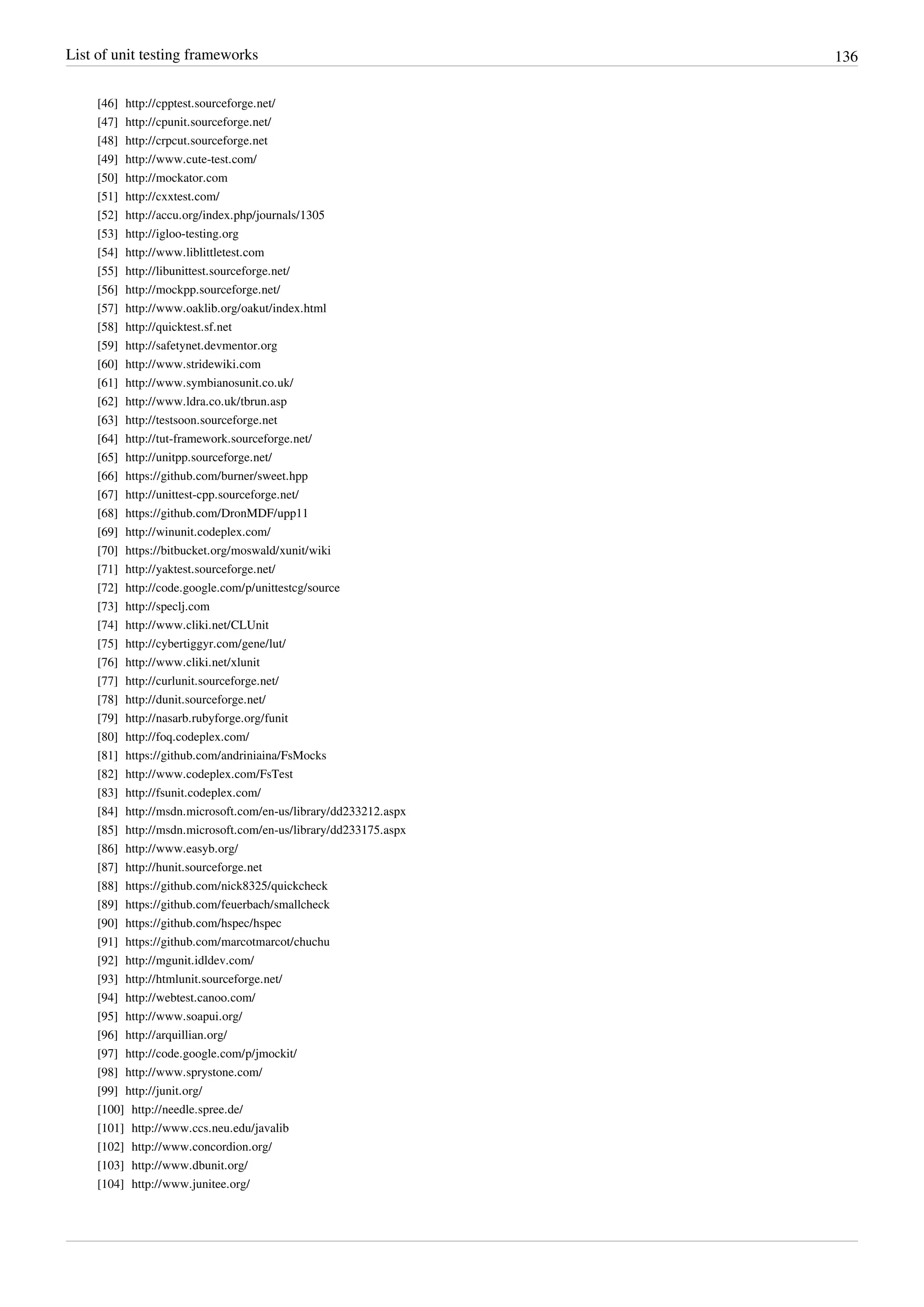 List of unit testing frameworks 136
[46] http://cpptest.sourceforge.net/
[47] http://cpunit.sourceforge.net/
[48] http://crpcut.sourceforge.net
[49] http://www.cute-test.com/
[50] http://mockator.com
[51] http://cxxtest.com/
[52] http://accu.org/index.php/journals/1305
[53] http://igloo-testing.org
[54] http://www.liblittletest.com
[55] http://libunittest.sourceforge.net/
[56] http://mockpp.sourceforge.net/
[57] http://www.oaklib.org/oakut/index.html
[58] http://quicktest.sf.net
[59] http://safetynet.devmentor.org
[60] http://www.stridewiki.com
[61] http://www.symbianosunit.co.uk/
[62] http://www.ldra.co.uk/tbrun.asp
[63] http://testsoon.sourceforge.net
[64] http://tut-framework.sourceforge.net/
[65] http://unitpp.sourceforge.net/
[66] https://github.com/burner/sweet.hpp
[67] http://unittest-cpp.sourceforge.net/
[68] https://github.com/DronMDF/upp11
[69] http://winunit.codeplex.com/
[70] https://bitbucket.org/moswald/xunit/wiki
[71] http://yaktest.sourceforge.net/
[72] http://code.google.com/p/unittestcg/source
[73] http://speclj.com
[74] http://www.cliki.net/CLUnit
[75] http://cybertiggyr.com/gene/lut/
[76] http://www.cliki.net/xlunit
[77] http://curlunit.sourceforge.net/
[78] http://dunit.sourceforge.net/
[79] http://nasarb.rubyforge.org/funit
[80] http://foq.codeplex.com/
[81] https://github.com/andriniaina/FsMocks
[82] http://www.codeplex.com/FsTest
[83] http://fsunit.codeplex.com/
[84] http://msdn.microsoft.com/en-us/library/dd233212.aspx
[85] http://msdn.microsoft.com/en-us/library/dd233175.aspx
[86] http://www.easyb.org/
[87] http://hunit.sourceforge.net
[88] https://github.com/nick8325/quickcheck
[89] https://github.com/feuerbach/smallcheck
[90] https://github.com/hspec/hspec
[91] https://github.com/marcotmarcot/chuchu
[92] http://mgunit.idldev.com/
[93] http://htmlunit.sourceforge.net/
[94] http://webtest.canoo.com/
[95] http://www.soapui.org/
[96] http://arquillian.org/
[97] http://code.google.com/p/jmockit/
[98] http://www.sprystone.com/
[99] http://junit.org/
[100] http://needle.spree.de/
[101] http://www.ccs.neu.edu/javalib
[102] http://www.concordion.org/
[103] http://www.dbunit.org/
[104] http://www.junitee.org/
 