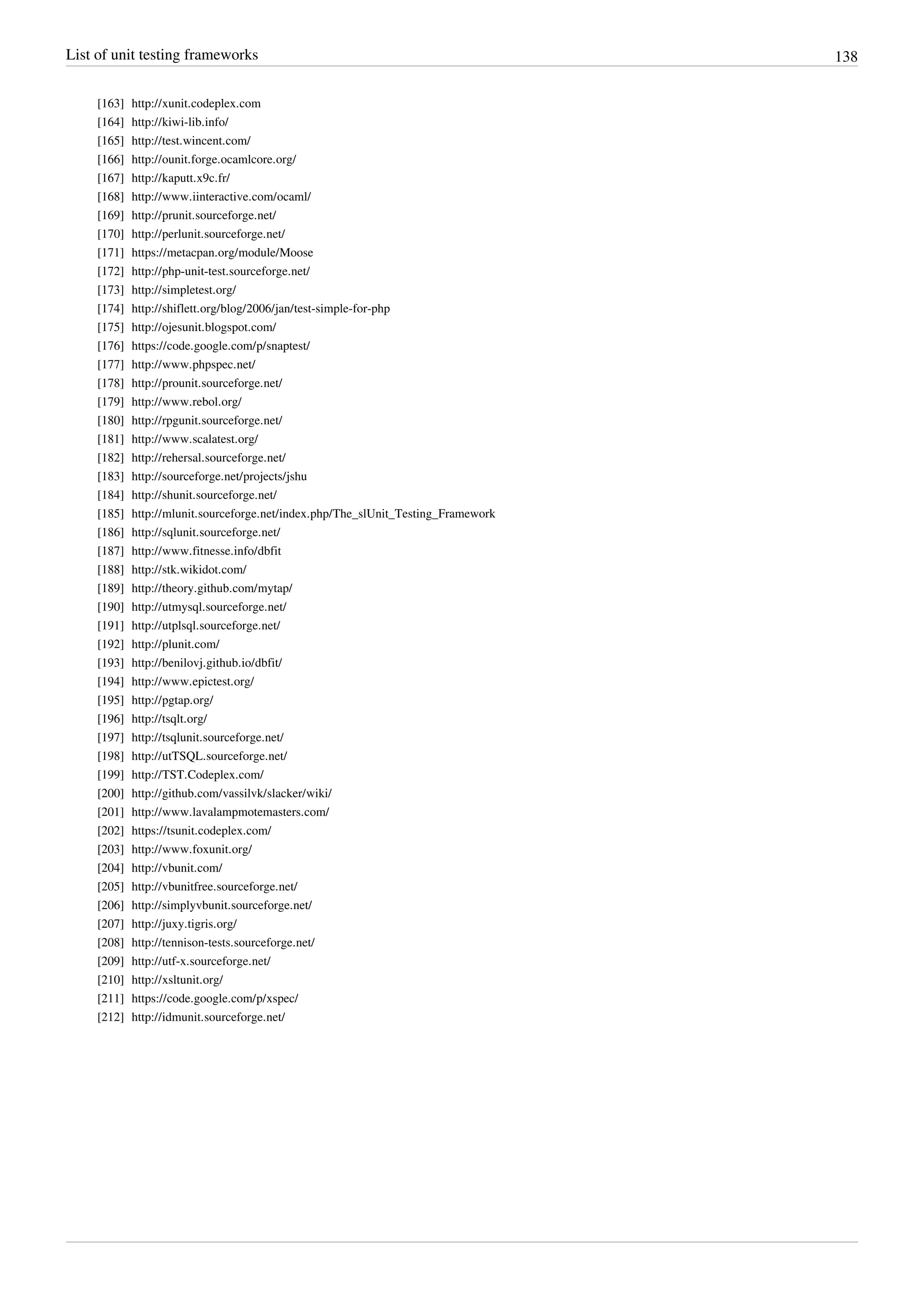 List of unit testing frameworks 138
[163] http://xunit.codeplex.com
[164] http://kiwi-lib.info/
[165] http://test.wincent.com/
[166] http://ounit.forge.ocamlcore.org/
[167] http://kaputt.x9c.fr/
[168] http://www.iinteractive.com/ocaml/
[169] http://prunit.sourceforge.net/
[170] http://perlunit.sourceforge.net/
[171] https://metacpan.org/module/Moose
[172] http://php-unit-test.sourceforge.net/
[173] http://simpletest.org/
[174] http://shiflett.org/blog/2006/jan/test-simple-for-php
[175] http://ojesunit.blogspot.com/
[176] https://code.google.com/p/snaptest/
[177] http://www.phpspec.net/
[178] http://prounit.sourceforge.net/
[179] http://www.rebol.org/
[180] http://rpgunit.sourceforge.net/
[181] http://www.scalatest.org/
[182] http://rehersal.sourceforge.net/
[183] http://sourceforge.net/projects/jshu
[184] http://shunit.sourceforge.net/
[185] http://mlunit.sourceforge.net/index.php/The_slUnit_Testing_Framework
[186] http://sqlunit.sourceforge.net/
[187] http://www.fitnesse.info/dbfit
[188] http://stk.wikidot.com/
[189] http://theory.github.com/mytap/
[190] http://utmysql.sourceforge.net/
[191] http://utplsql.sourceforge.net/
[192] http://plunit.com/
[193] http://benilovj.github.io/dbfit/
[194] http://www.epictest.org/
[195] http://pgtap.org/
[196] http://tsqlt.org/
[197] http://tsqlunit.sourceforge.net/
[198] http://utTSQL.sourceforge.net/
[199] http://TST.Codeplex.com/
[200] http://github.com/vassilvk/slacker/wiki/
[201] http://www.lavalampmotemasters.com/
[202] https://tsunit.codeplex.com/
[203] http://www.foxunit.org/
[204] http://vbunit.com/
[205] http://vbunitfree.sourceforge.net/
[206] http://simplyvbunit.sourceforge.net/
[207] http://juxy.tigris.org/
[208] http://tennison-tests.sourceforge.net/
[209] http://utf-x.sourceforge.net/
[210] http://xsltunit.org/
[211] https://code.google.com/p/xspec/
[212] http://idmunit.sourceforge.net/
 