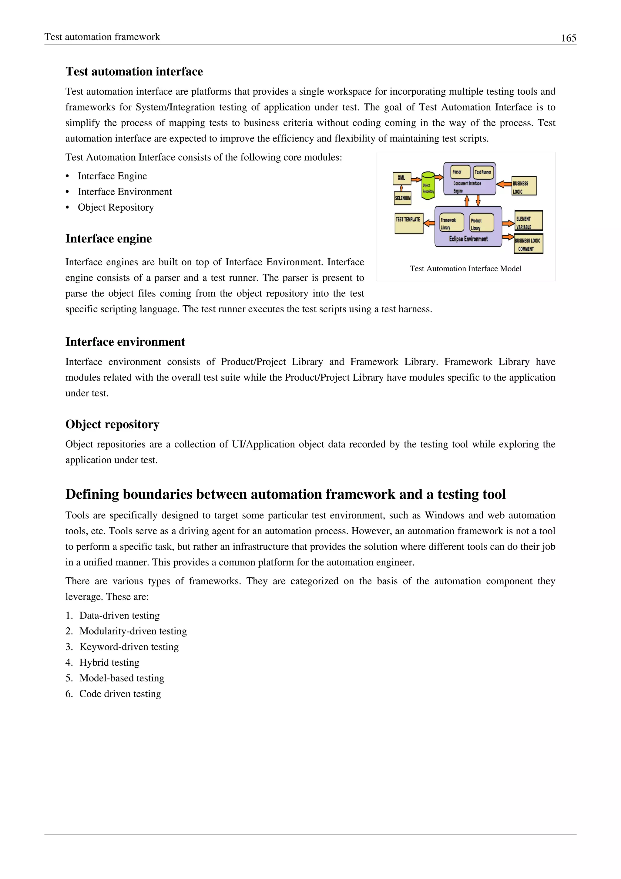 Test automation framework 165
Test automation interface
Test automation interface are platforms that provides a single workspace for incorporating multiple testing tools and
frameworks for System/Integration testing of application under test. The goal of Test Automation Interface is to
simplify the process of mapping tests to business criteria without coding coming in the way of the process. Test
automation interface are expected to improve the efficiency and flexibility of maintaining test scripts.
Test Automation Interface Model
Test Automation Interface consists of the following core modules:
•• Interface Engine
•• Interface Environment
•• Object Repository
Interface engine
Interface engines are built on top of Interface Environment. Interface
engine consists of a parser and a test runner. The parser is present to
parse the object files coming from the object repository into the test
specific scripting language. The test runner executes the test scripts using a test harness.
Interface environment
Interface environment consists of Product/Project Library and Framework Library. Framework Library have
modules related with the overall test suite while the Product/Project Library have modules specific to the application
under test.
Object repository
Object repositories are a collection of UI/Application object data recorded by the testing tool while exploring the
application under test.
Defining boundaries between automation framework and a testing tool
Tools are specifically designed to target some particular test environment, such as Windows and web automation
tools, etc. Tools serve as a driving agent for an automation process. However, an automation framework is not a tool
to perform a specific task, but rather an infrastructure that provides the solution where different tools can do their job
in a unified manner. This provides a common platform for the automation engineer.
There are various types of frameworks. They are categorized on the basis of the automation component they
leverage. These are:
1.1. Data-driven testing
2.2. Modularity-driven testing
3.3. Keyword-driven testing
4.4. Hybrid testing
5.5. Model-based testing
6.6. Code driven testing
 