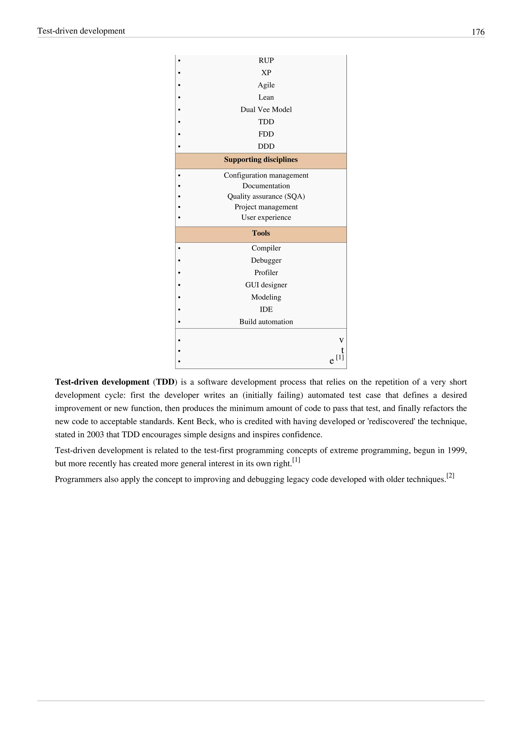 Test-driven development 176
•• RUP
•• XP
•• Agile
•• Lean
•• Dual Vee Model
•• TDD
•• FDD
•• DDD
Supporting disciplines
•• Configuration management
•• Documentation
•• Quality assurance (SQA)
•• Project management
•• User experience
Tools
•• Compiler
•• Debugger
•• Profiler
•• GUI designer
•• Modeling
•• IDE
•• Build automation
•• v
•• t
• e [1]
Test-driven development (TDD) is a software development process that relies on the repetition of a very short
development cycle: first the developer writes an (initially failing) automated test case that defines a desired
improvement or new function, then produces the minimum amount of code to pass that test, and finally refactors the
new code to acceptable standards. Kent Beck, who is credited with having developed or 'rediscovered' the technique,
stated in 2003 that TDD encourages simple designs and inspires confidence.
Test-driven development is related to the test-first programming concepts of extreme programming, begun in 1999,
but more recently has created more general interest in its own right.
[1]
Programmers also apply the concept to improving and debugging legacy code developed with older techniques.
[2]
 