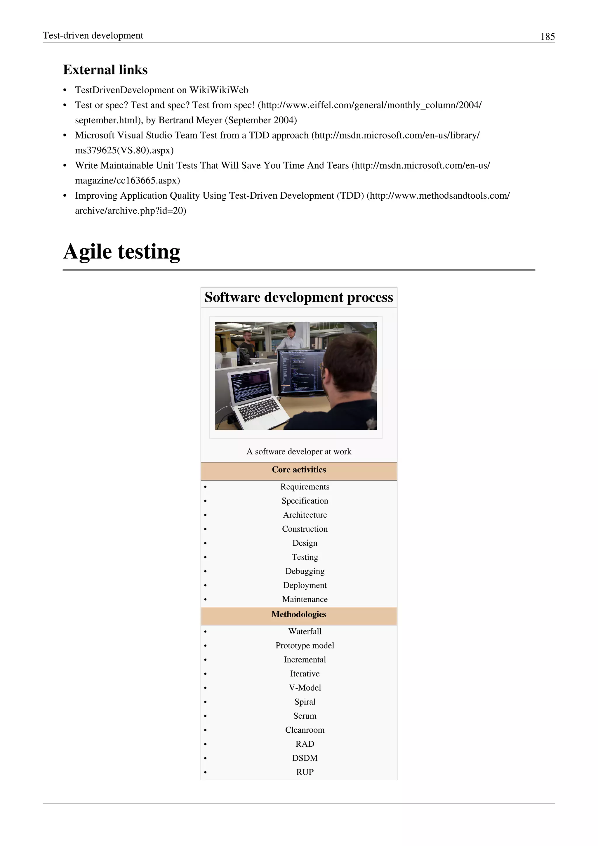 Test-driven development 185
External links
• TestDrivenDevelopment on WikiWikiWeb
• Test or spec? Test and spec? Test from spec! (http://www.eiffel.com/general/monthly_column/2004/
september.html), by Bertrand Meyer (September 2004)
• Microsoft Visual Studio Team Test from a TDD approach (http://msdn.microsoft.com/en-us/library/
ms379625(VS.80).aspx)
• Write Maintainable Unit Tests That Will Save You Time And Tears (http://msdn.microsoft.com/en-us/
magazine/cc163665.aspx)
• Improving Application Quality Using Test-Driven Development (TDD) (http://www.methodsandtools.com/
archive/archive.php?id=20)
Agile testing
Software development process
A software developer at work
Core activities
•• Requirements
•• Specification
•• Architecture
•• Construction
•• Design
•• Testing
•• Debugging
•• Deployment
•• Maintenance
Methodologies
•• Waterfall
•• Prototype model
•• Incremental
•• Iterative
•• V-Model
•• Spiral
•• Scrum
•• Cleanroom
•• RAD
•• DSDM
•• RUP
 