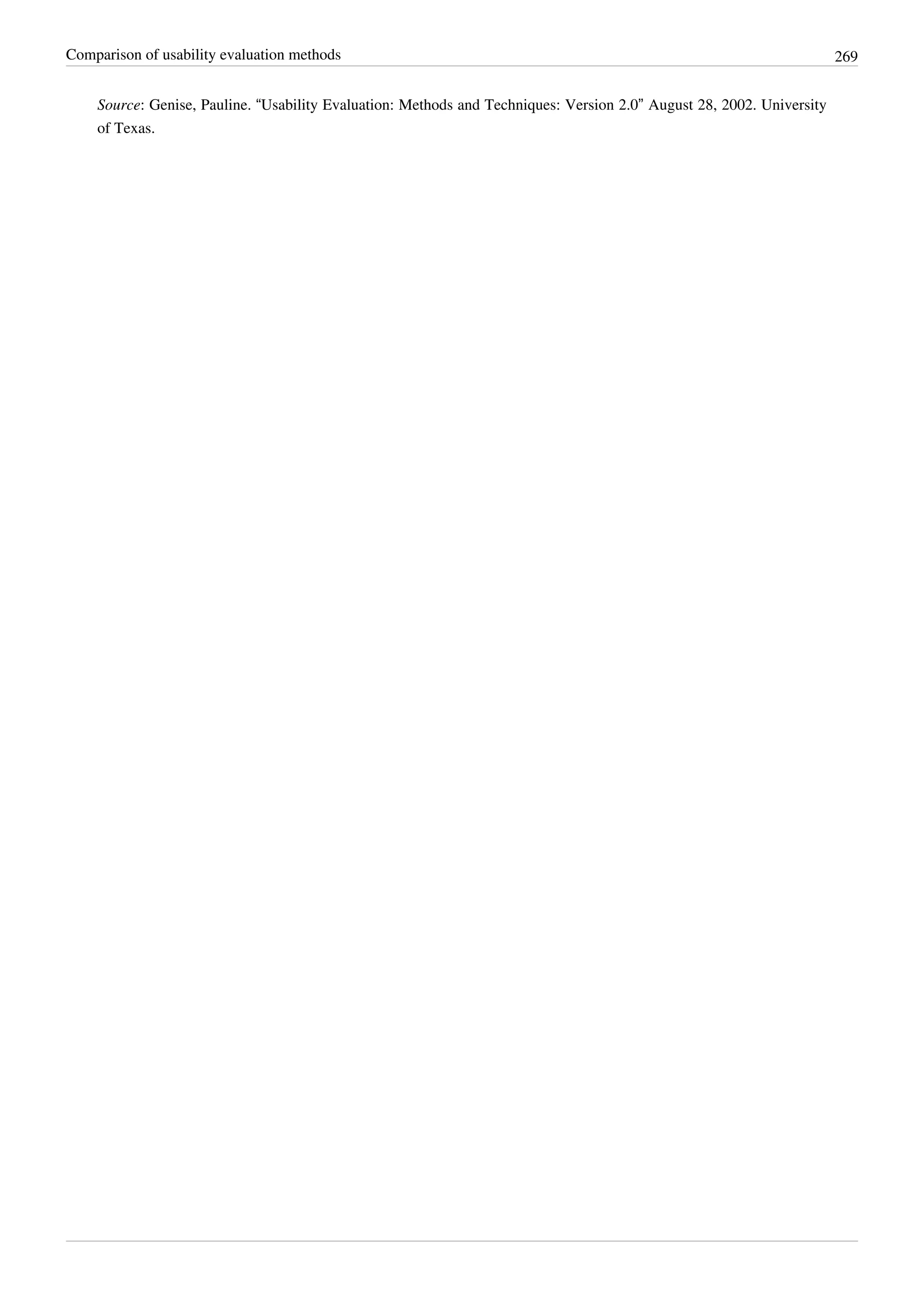 Comparison of usability evaluation methods 269
Source: Genise, Pauline. “Usability Evaluation: Methods and Techniques: Version 2.0” August 28, 2002. University
of Texas.
 