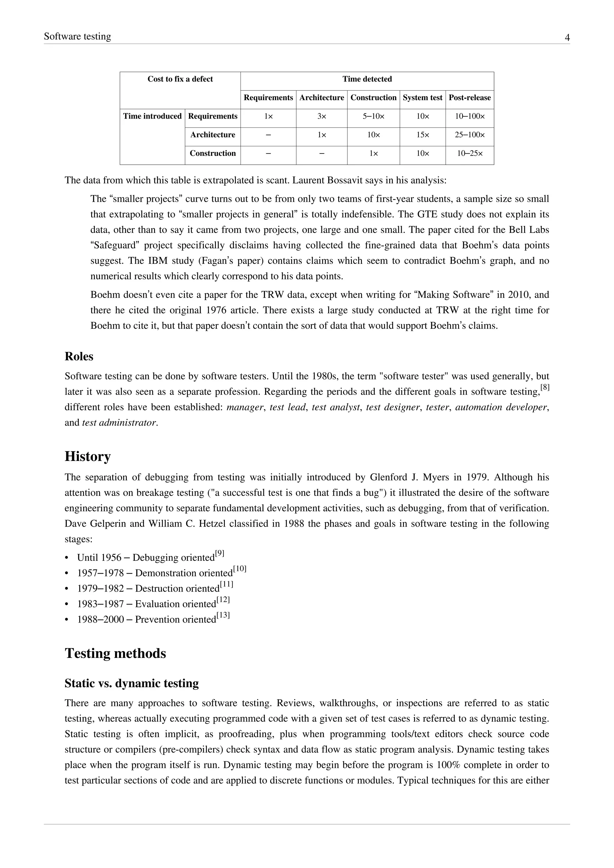 Software testing 4
Cost to fix a defect Time detected
Requirements Architecture Construction System test Post-release
Time introduced Requirements 1× 3× 5–10× 10× 10–100×
Architecture – 1× 10× 15× 25–100×
Construction – – 1× 10× 10–25×
The data from which this table is extrapolated is scant. Laurent Bossavit says in his analysis:
The “smaller projects” curve turns out to be from only two teams of first-year students, a sample size so small
that extrapolating to “smaller projects in general” is totally indefensible. The GTE study does not explain its
data, other than to say it came from two projects, one large and one small. The paper cited for the Bell Labs
“Safeguard” project specifically disclaims having collected the fine-grained data that Boehm’s data points
suggest. The IBM study (Fagan’s paper) contains claims which seem to contradict Boehm’s graph, and no
numerical results which clearly correspond to his data points.
Boehm doesn’t even cite a paper for the TRW data, except when writing for “Making Software” in 2010, and
there he cited the original 1976 article. There exists a large study conducted at TRW at the right time for
Boehm to cite it, but that paper doesn’t contain the sort of data that would support Boehm’s claims.
Roles
Software testing can be done by software testers. Until the 1980s, the term "software tester" was used generally, but
later it was also seen as a separate profession. Regarding the periods and the different goals in software testing,
[8]
different roles have been established: manager, test lead, test analyst, test designer, tester, automation developer,
and test administrator.
History
The separation of debugging from testing was initially introduced by Glenford J. Myers in 1979. Although his
attention was on breakage testing ("a successful test is one that finds a bug") it illustrated the desire of the software
engineering community to separate fundamental development activities, such as debugging, from that of verification.
Dave Gelperin and William C. Hetzel classified in 1988 the phases and goals in software testing in the following
stages:
• Until 1956 – Debugging oriented
[9]
• 1957–1978 – Demonstration oriented
[10]
• 1979–1982 – Destruction oriented
[11]
• 1983–1987 – Evaluation oriented
[12]
• 1988–2000 – Prevention oriented
[13]
Testing methods
Static vs. dynamic testing
There are many approaches to software testing. Reviews, walkthroughs, or inspections are referred to as static
testing, whereas actually executing programmed code with a given set of test cases is referred to as dynamic testing.
Static testing is often implicit, as proofreading, plus when programming tools/text editors check source code
structure or compilers (pre-compilers) check syntax and data flow as static program analysis. Dynamic testing takes
place when the program itself is run. Dynamic testing may begin before the program is 100% complete in order to
test particular sections of code and are applied to discrete functions or modules. Typical techniques for this are either
 